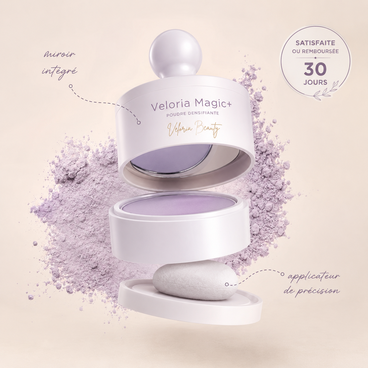 Veloria Magic+ La poudre qui redonne vie à votre ligne de cheveux — en 2 minutes.