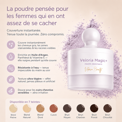 Veloria Magic+ La poudre qui redonne vie à votre ligne de cheveux — en 2 minutes.