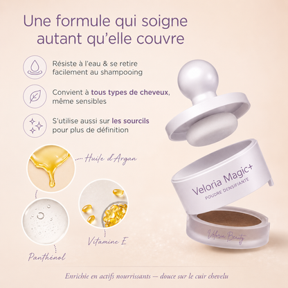 Veloria Magic+ La poudre qui redonne vie à votre ligne de cheveux — en 2 minutes.